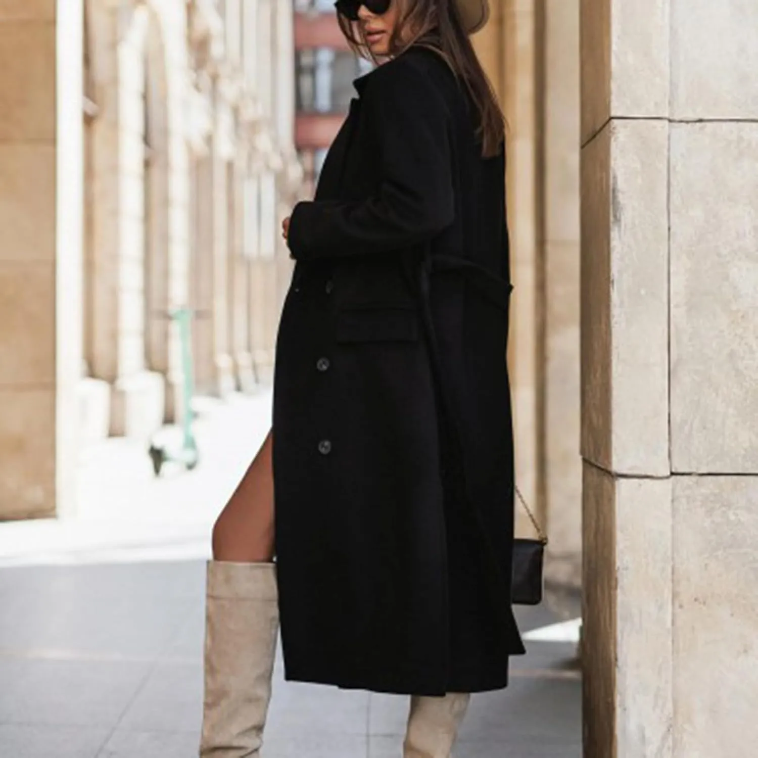 Women's Double Breasted Long Trench Coat Belted Notch Lapel Overcoat Windproof Classic Outerwear Warm Winter Pea Coats