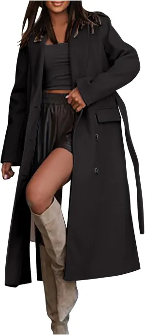 Women's Double Breasted Long Trench Coat Belted Notch Lapel Overcoat Windproof Classic Outerwear Warm Winter Pea Coats