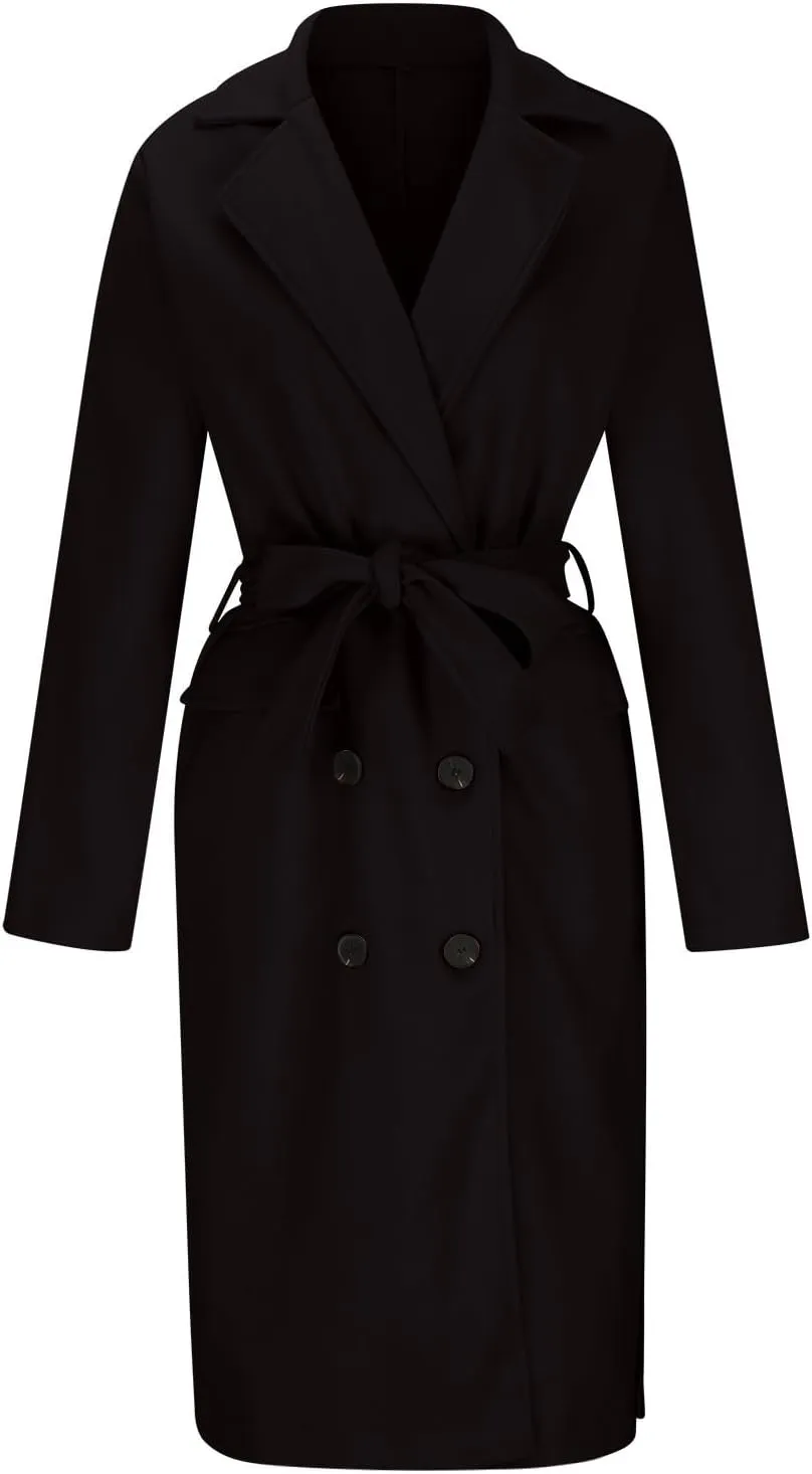 Women's Double Breasted Long Trench Coat Belted Notch Lapel Overcoat Windproof Classic Outerwear Warm Winter Pea Coats