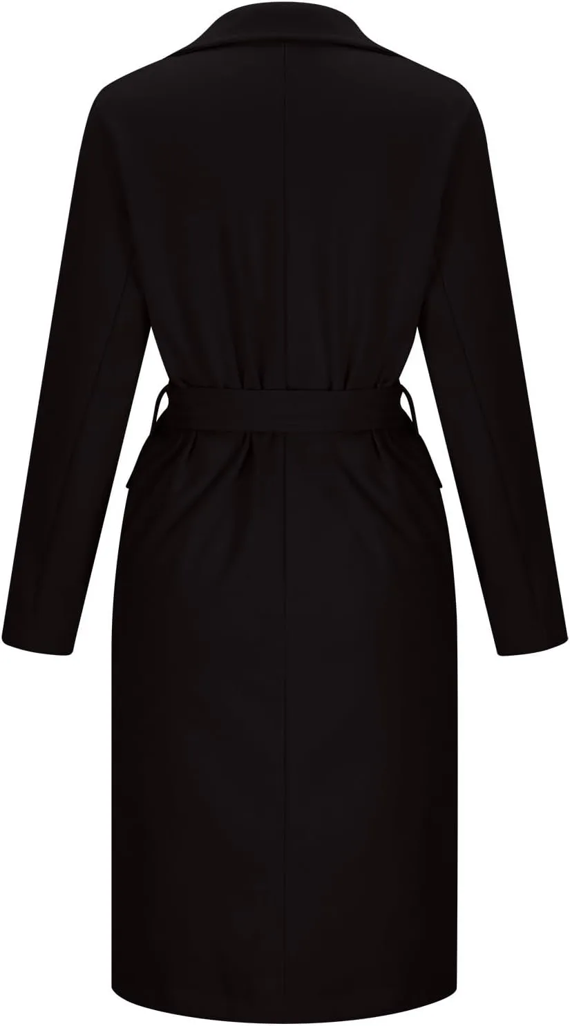 Women's Double Breasted Long Trench Coat Belted Notch Lapel Overcoat Windproof Classic Outerwear Warm Winter Pea Coats