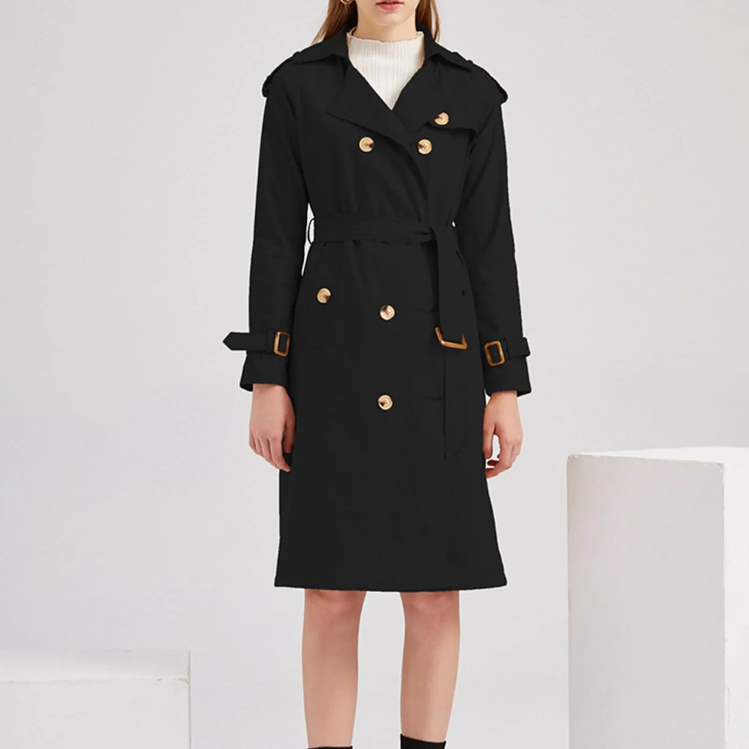 Women's Double Breasted Long Trench Coat Fashion Classic Lapel Slim Windbreaker Overcoat Long Jackets with Belt