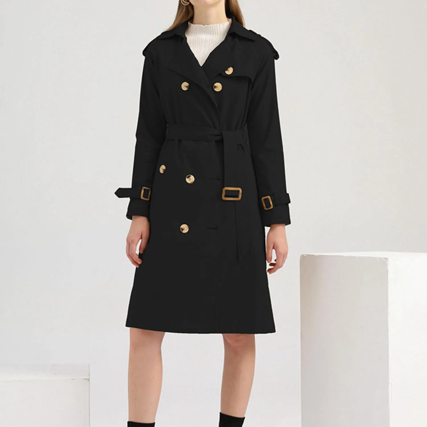 Women's Double Breasted Long Trench Coat Fashion Classic Lapel Slim Windbreaker Overcoat Long Jackets with Belt