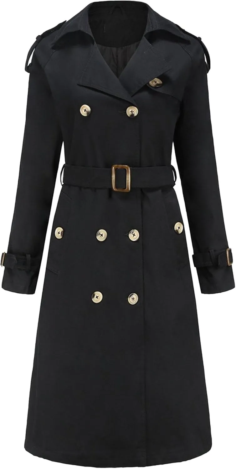 Women's Double Breasted Long Trench Coat Fashion Classic Lapel Slim Windbreaker Overcoat Long Jackets with Belt