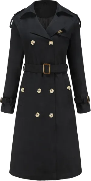 Women's Double Breasted Long Trench Coat Fashion Classic Lapel Slim Windbreaker Overcoat Long Jackets with Belt