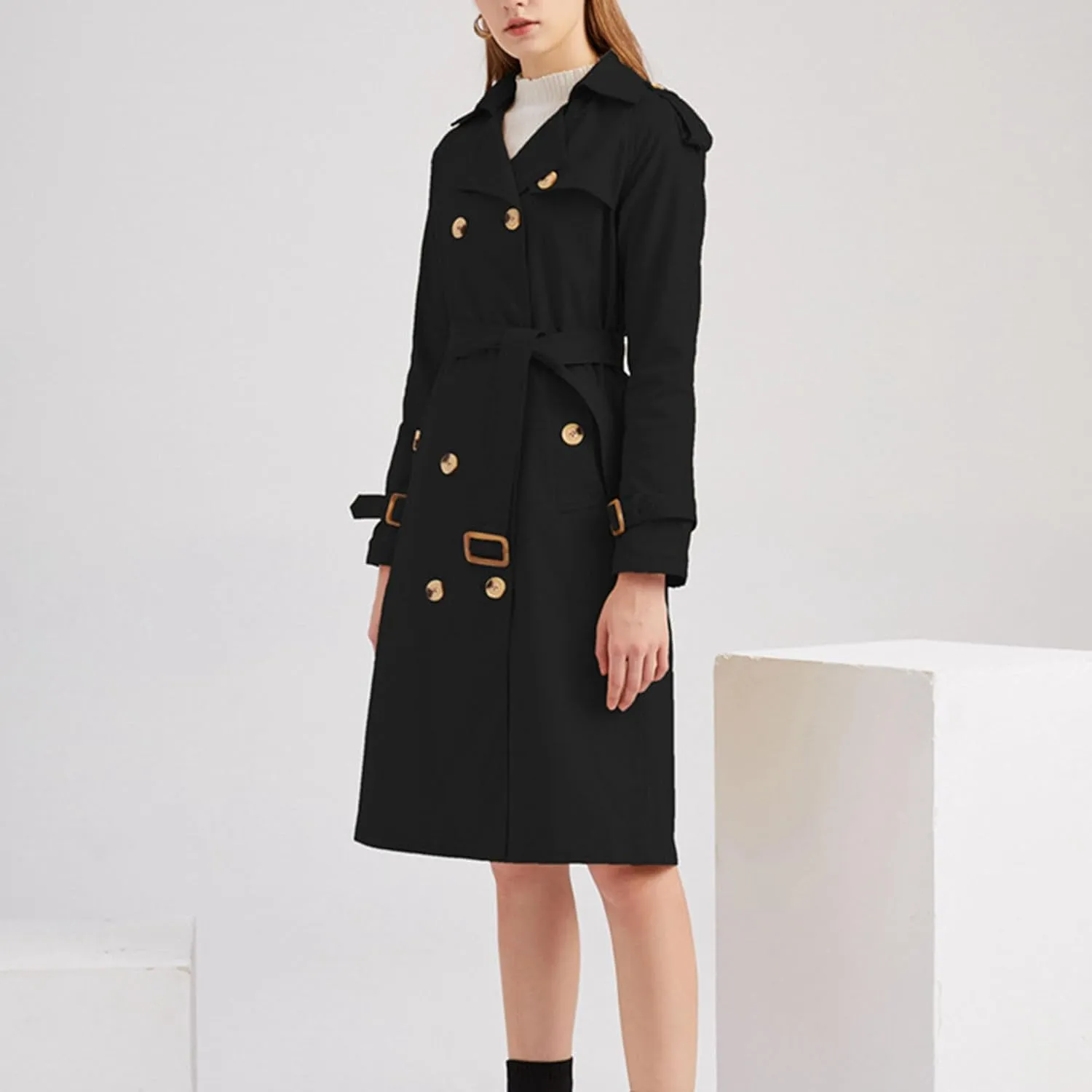 Women's Double Breasted Long Trench Coat Fashion Classic Lapel Slim Windbreaker Overcoat Long Jackets with Belt