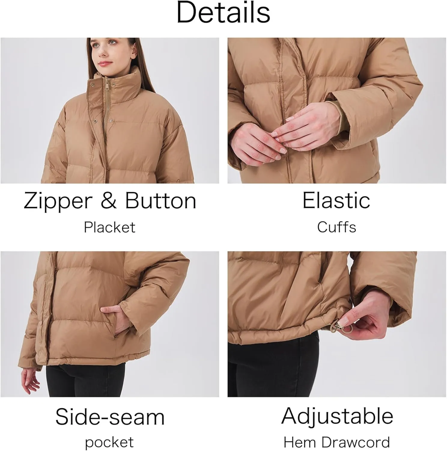 Women's Down Jacket Lightweight Water-Resistant Down Coat with Stand Collar for Winter
