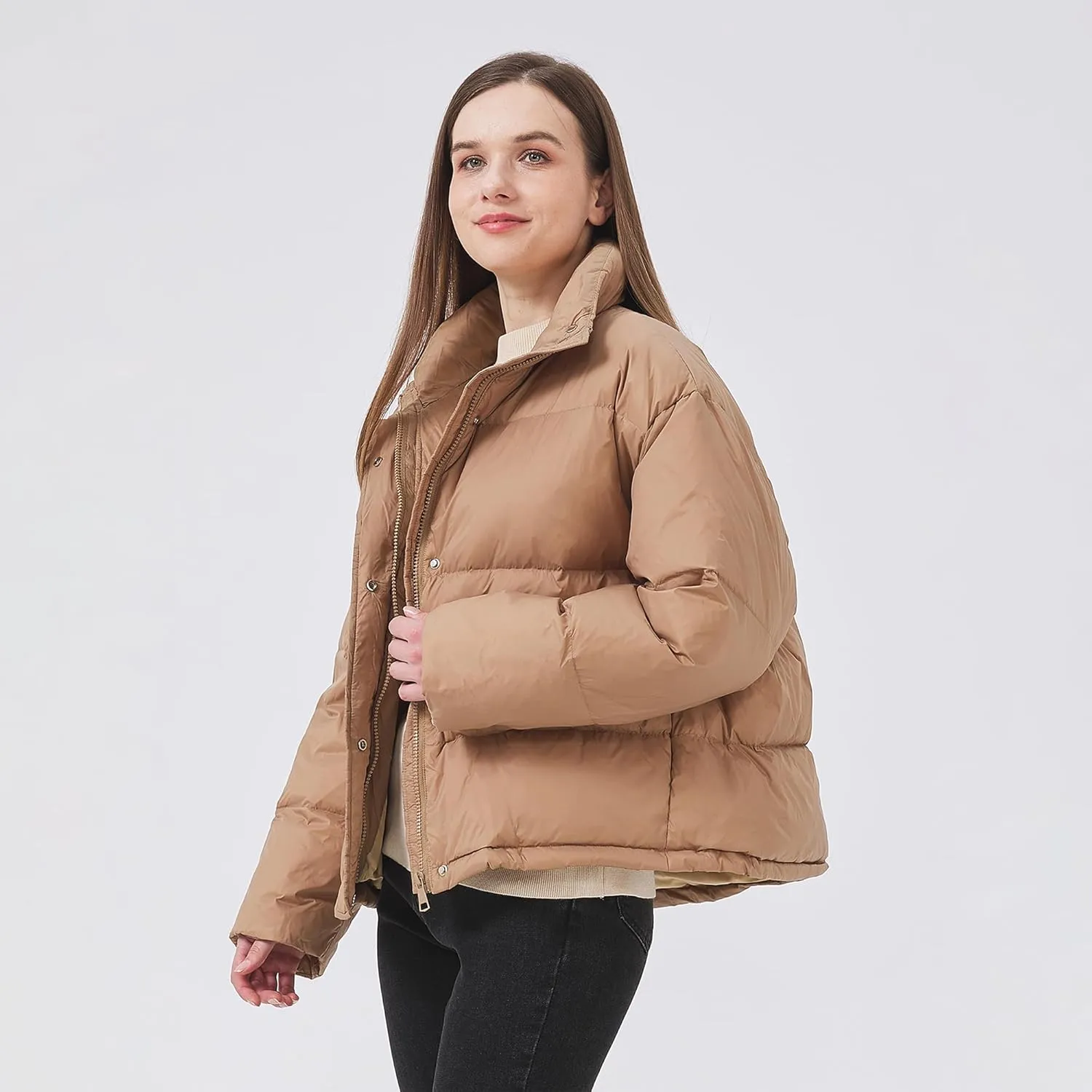 Women's Down Jacket Lightweight Water-Resistant Down Coat with Stand Collar for Winter