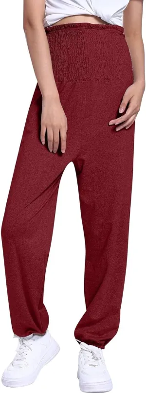 Women's Elastic High Waisted Casual Harem Pants Lightweight Athletic Baggy Joggers Lounge Yoga Pants with Pockets Wine