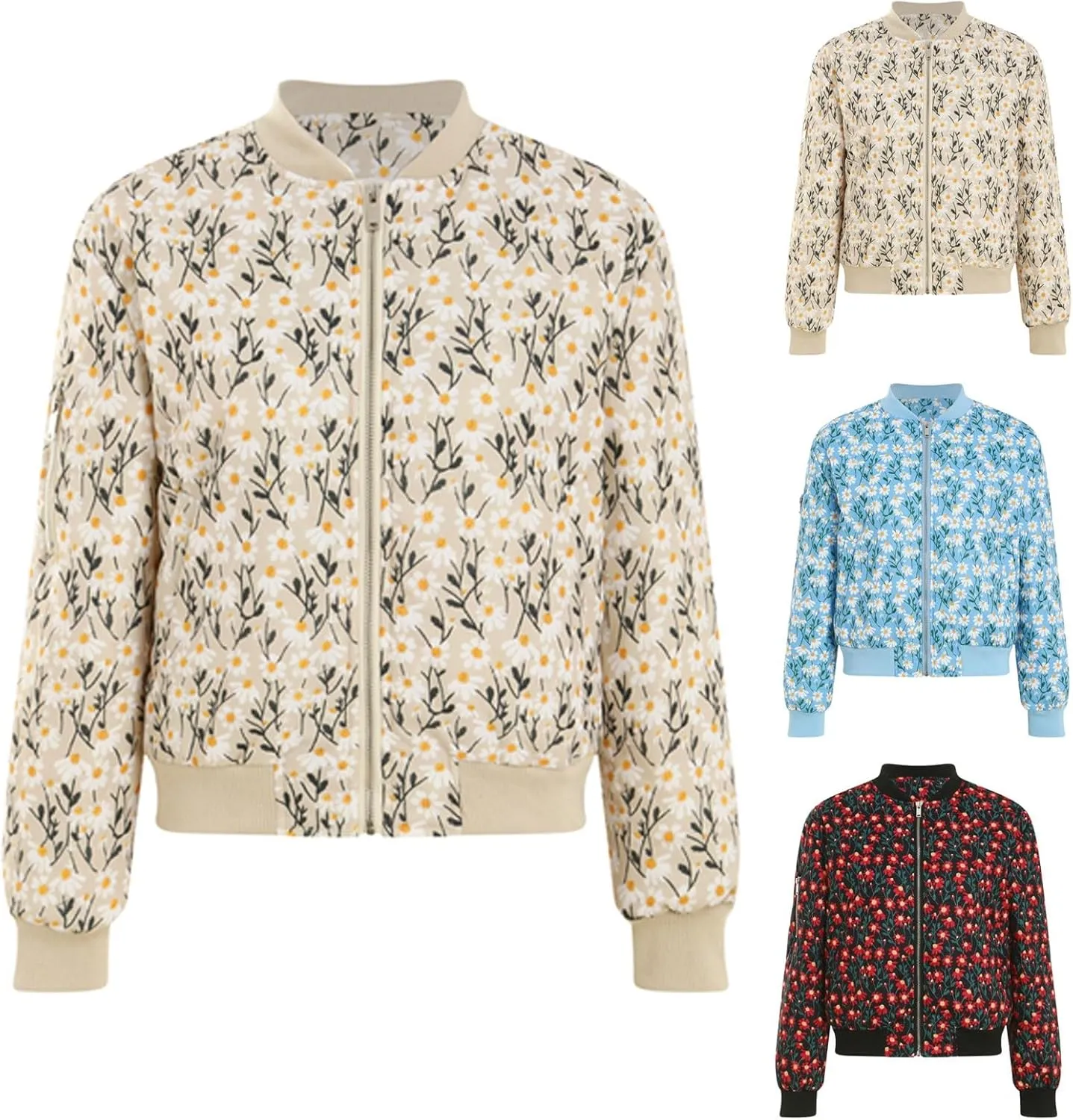 Women's Embroidered Daisy Cropped Bomberr Jacket Long Sleeve Zipper Down Cotton Padded Coat Outerwear Fall Winter