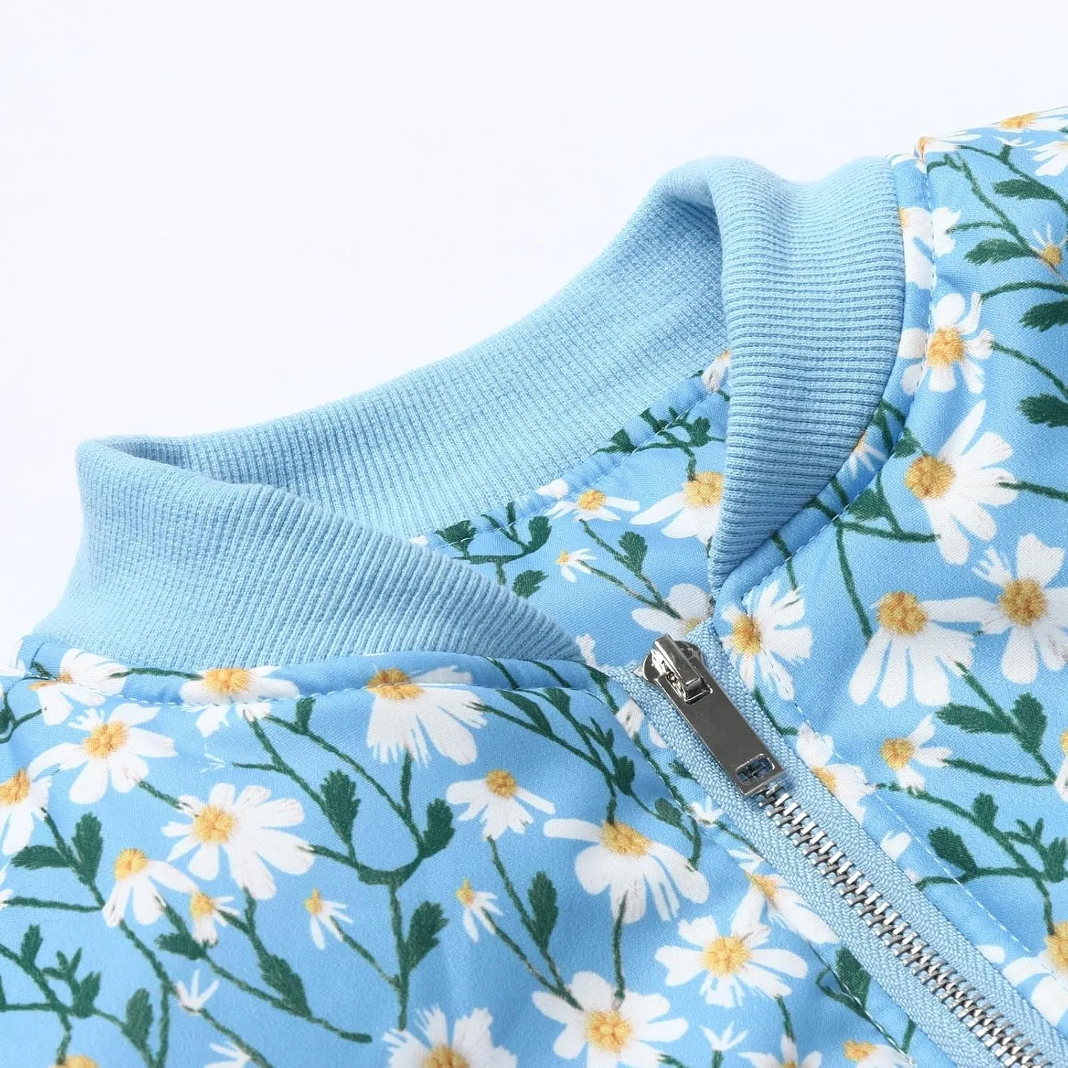 Women's Embroidered Daisy Cropped Bomberr Jacket Long Sleeve Zipper Down Cotton Padded Coat Outerwear Fall Winter
