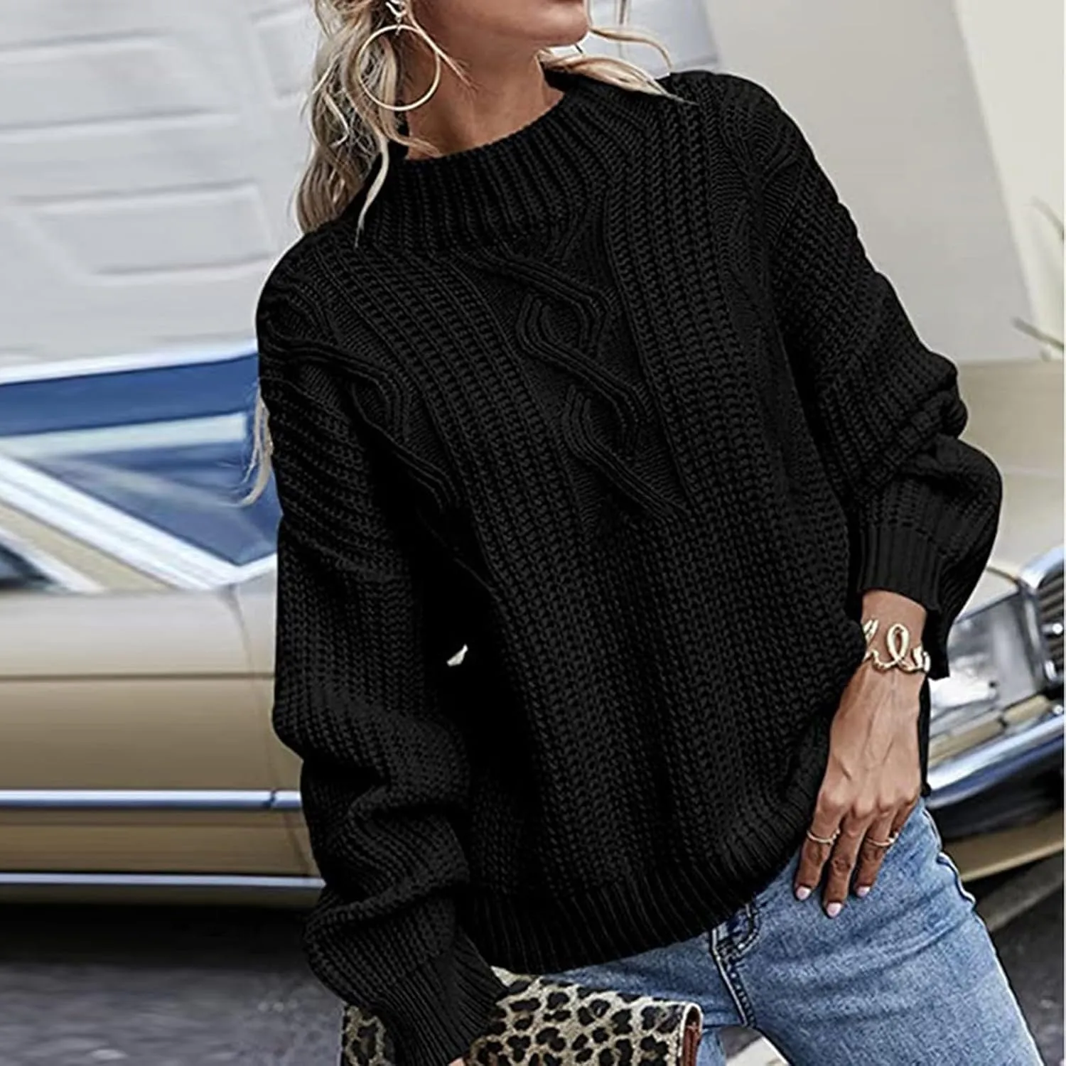 Women's Fall Winter Oversized Pullover Sweaters Casual Crewneck Long Sleeve Loose Fit Chunky Cable Knit Jumper Tops