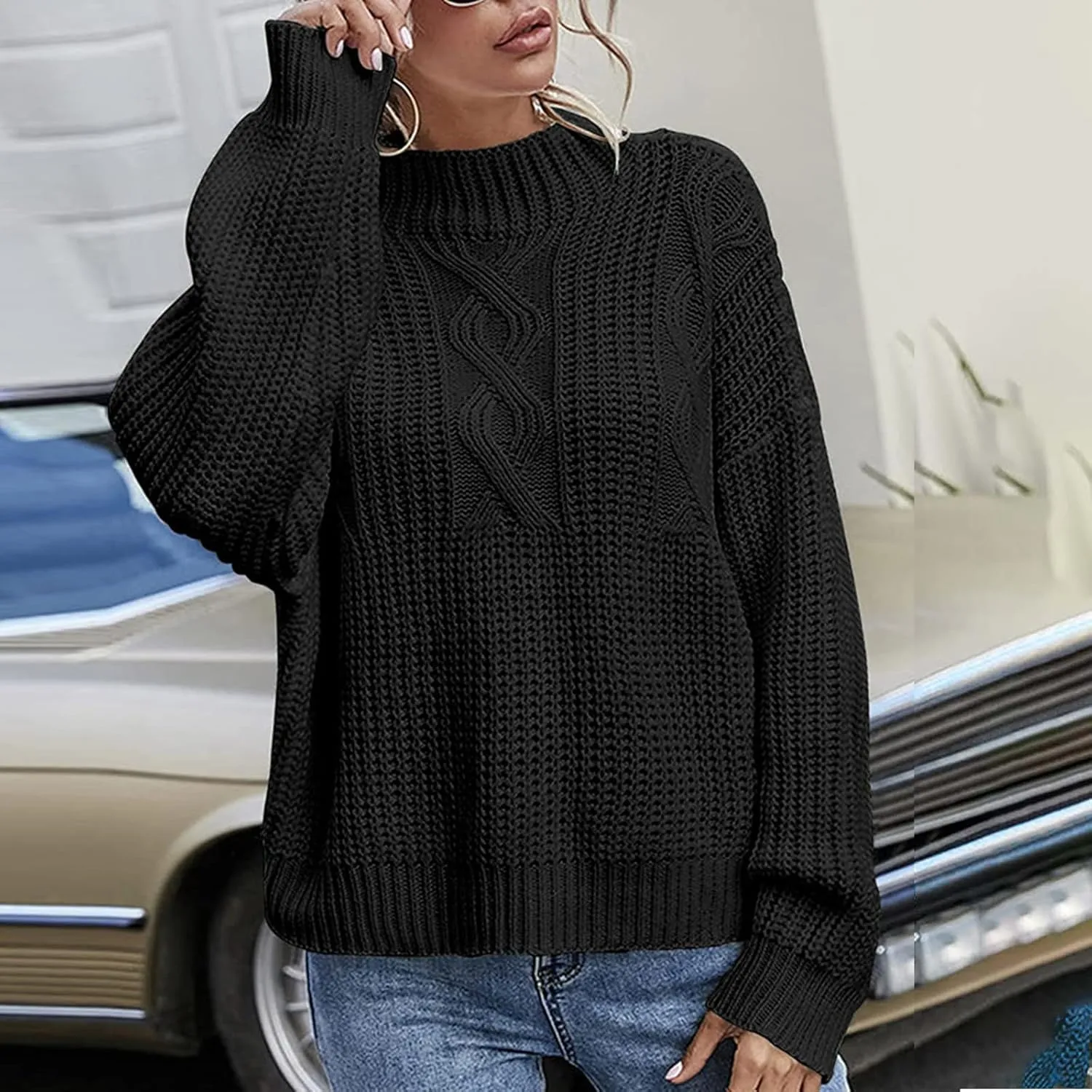 Women's Fall Winter Oversized Pullover Sweaters Casual Crewneck Long Sleeve Loose Fit Chunky Cable Knit Jumper Tops
