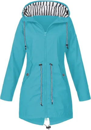 Womens Fashion Solid Zipper Rain Jacket Long Sleeve Hooded Waterproof Rain Coat Warm Comfy Soft Windbreaker with Pocket