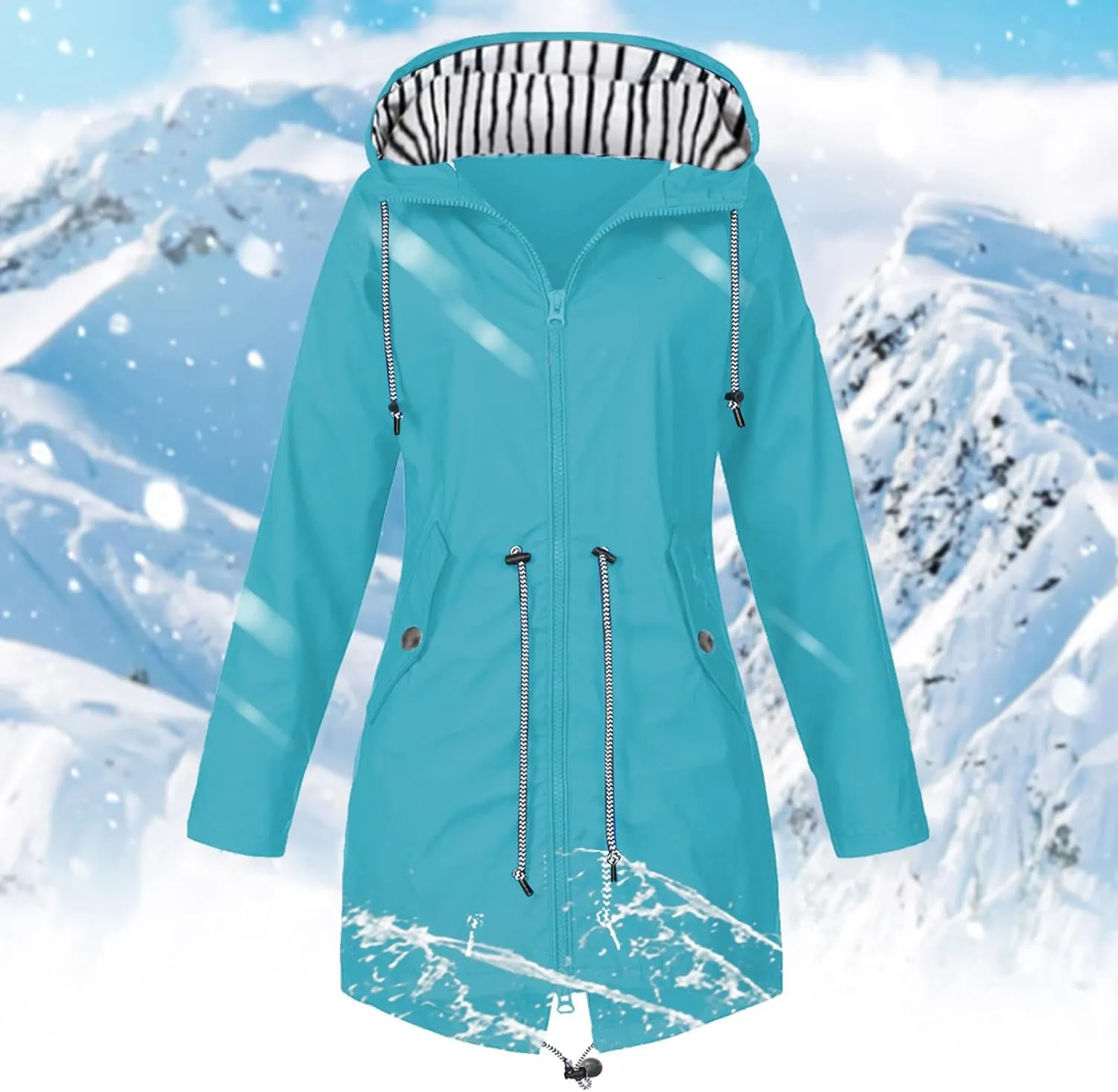 Womens Fashion Solid Zipper Rain Jacket Long Sleeve Hooded Waterproof Rain Coat Warm Comfy Soft Windbreaker with Pocket