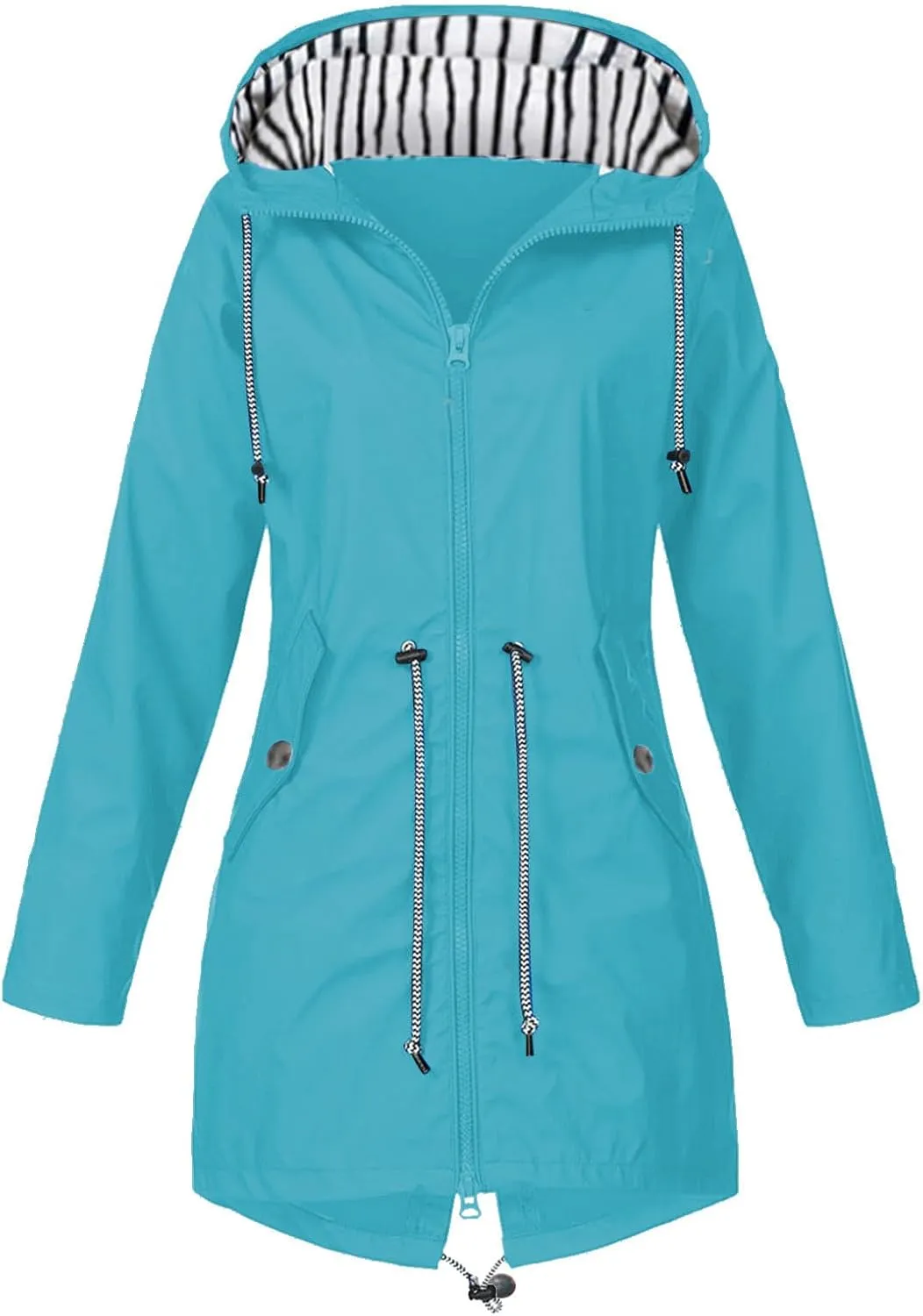 Womens Fashion Solid Zipper Rain Jacket Long Sleeve Hooded Waterproof Rain Coat Warm Comfy Soft Windbreaker with Pocket