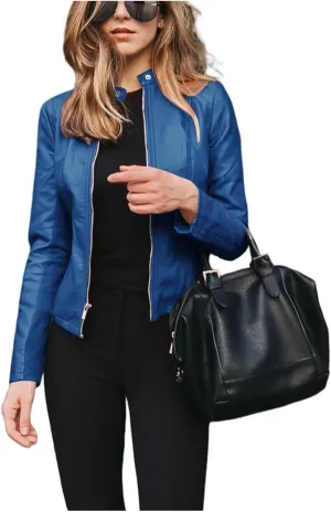 Womens Faux Leather Jacket Light Zip Up Jacket Slim Fit Stand Collar Tops Coat Fashion Business Outwear