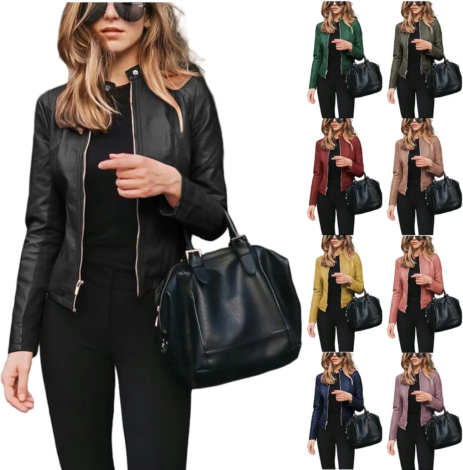 Womens Faux Leather Jacket Light Zip Up Jacket Slim Fit Stand Collar Tops Coat Fashion Business Outwear