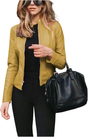 Womens Faux Leather Jacket Light Zip Up Jacket Slim Fit Stand Collar Tops Coat Fashion Business Outwear