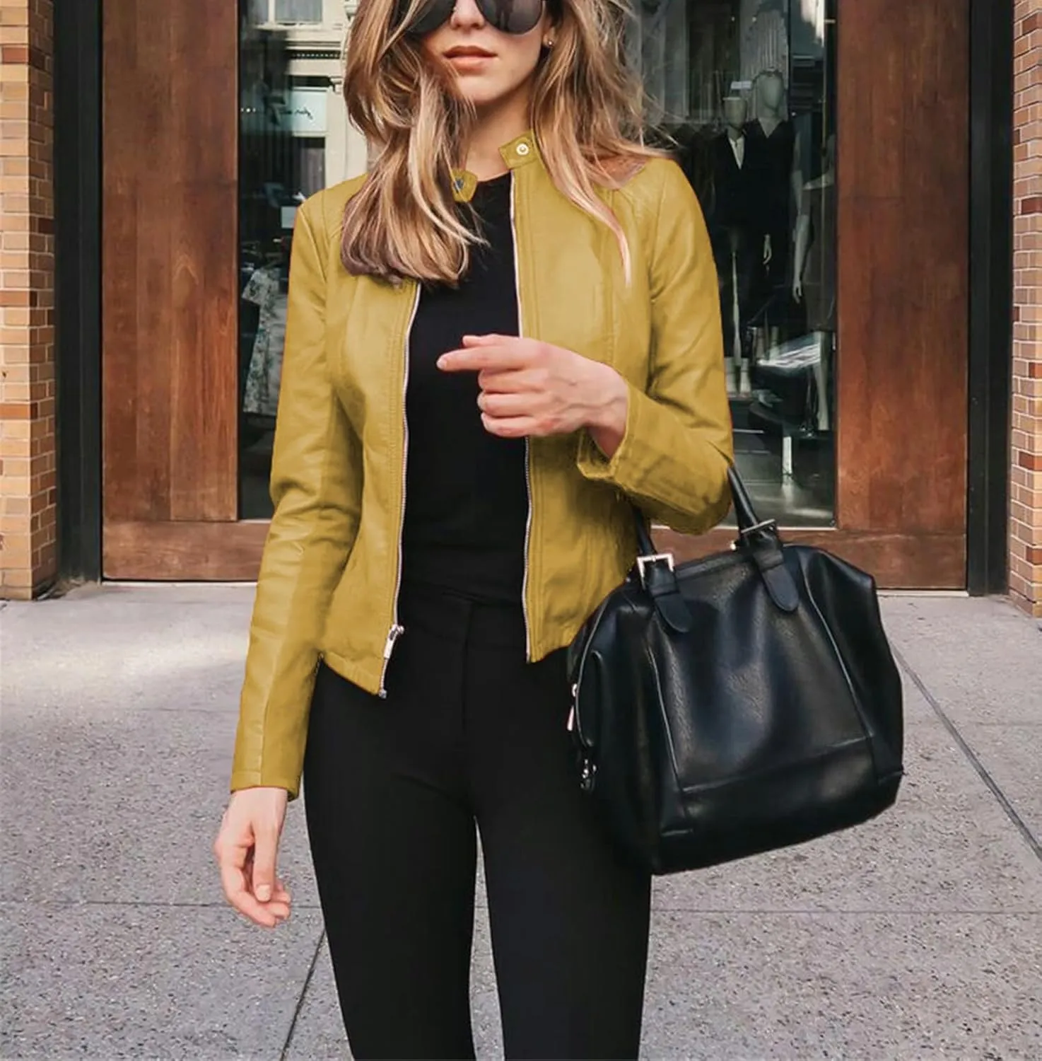 Womens Faux Leather Jacket Light Zip Up Jacket Slim Fit Stand Collar Tops Coat Fashion Business Outwear