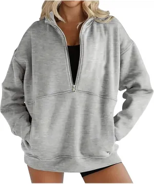 Women's Half Zip Sweatshirts Long Sleeve Drop Shoulder Pullover Casual Oversized Hoodies with Pocket