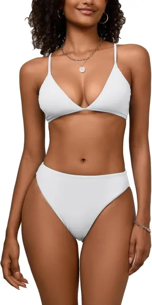 Women's High Waisted Bikini Sets Sexy V Neck Push Up Triangle Swimsuits 2 Piece High Cut Bathing Suits