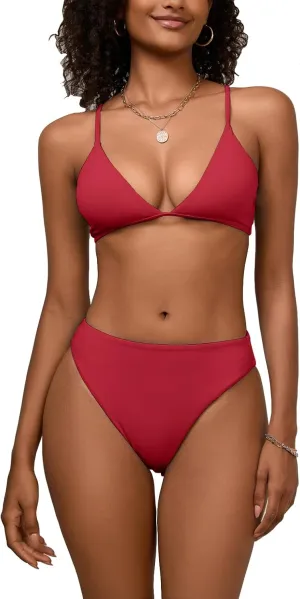 Women's High Waisted Bikini Sets Sexy V Neck Push Up Triangle Swimsuits 2 Piece High Cut Bathing Suits