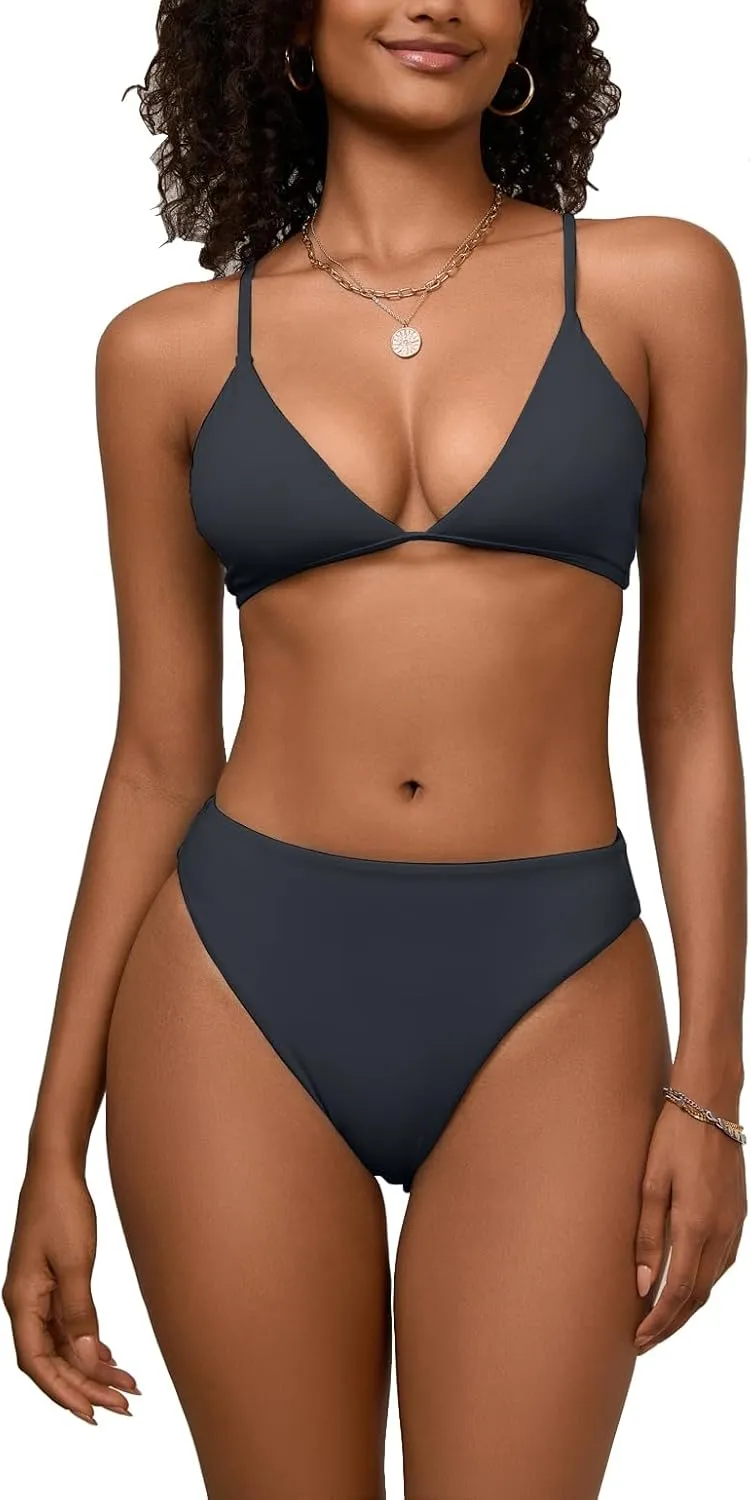 Women's High Waisted Bikini Sets Sexy V Neck Push Up Triangle Swimsuits 2 Piece High Cut Bathing Suits