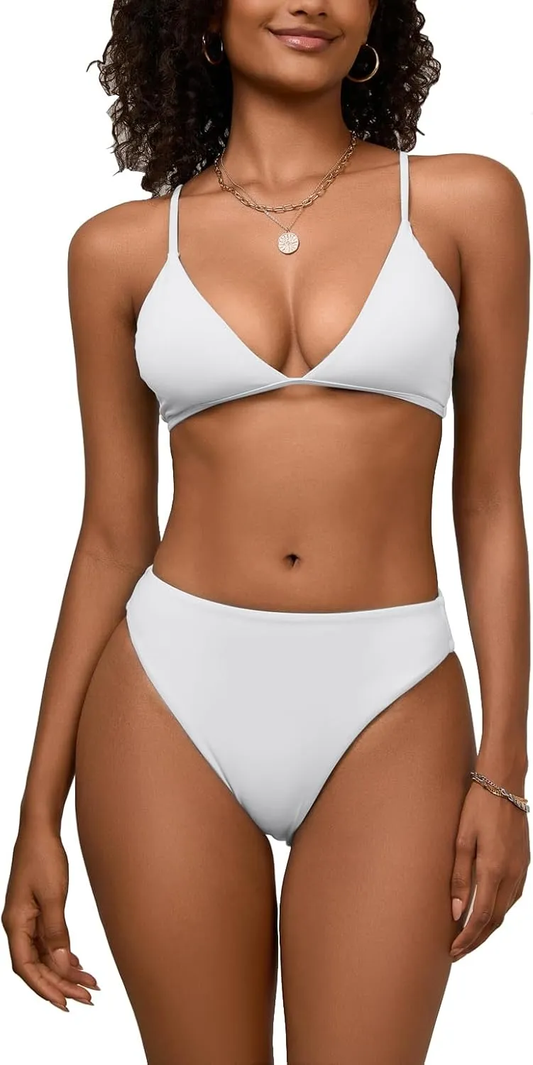 Women's High Waisted Bikini Sets Sexy V Neck Push Up Triangle Swimsuits 2 Piece High Cut Bathing Suits