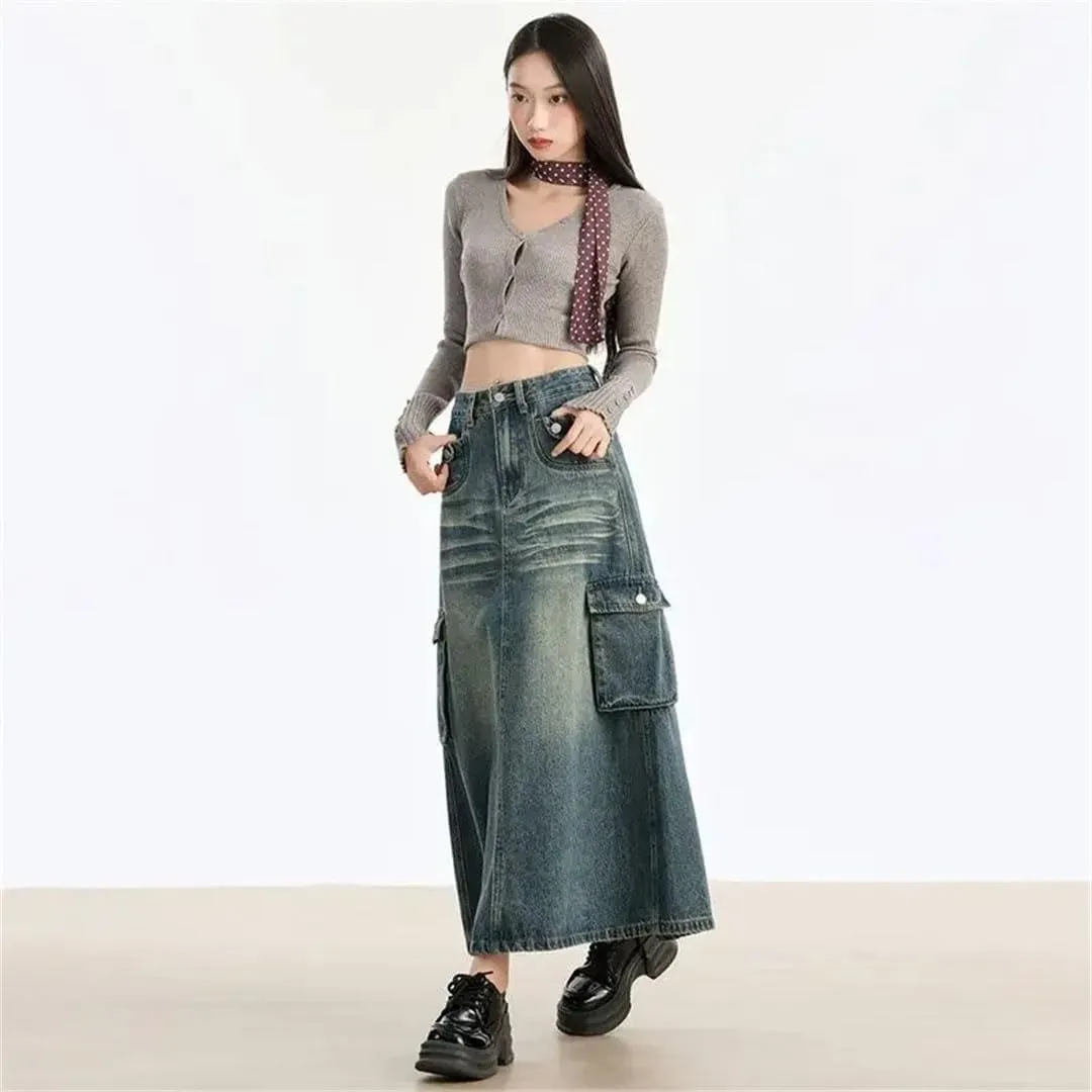 Women's High-Waisted Slimming Denim Skirt with Side Slit and Multiple Pockets Vintage Fashion Skirt