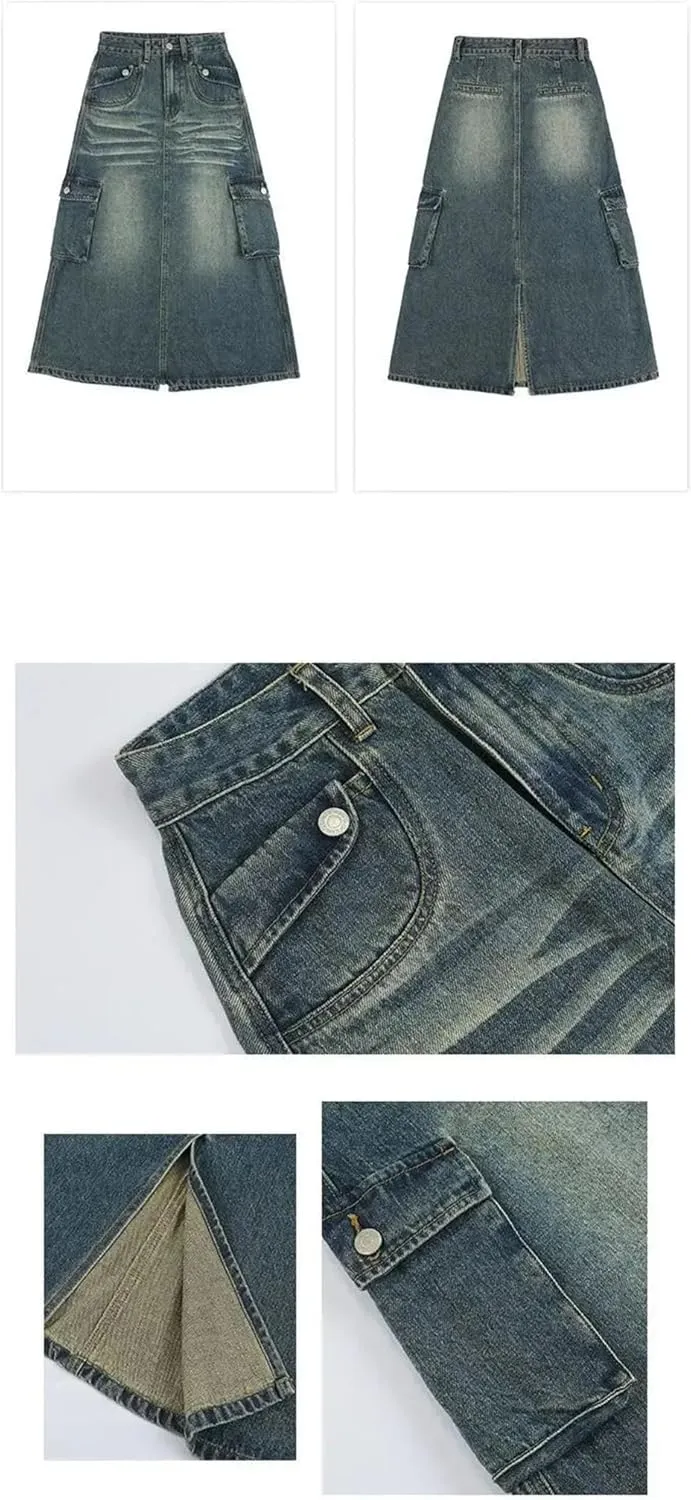 Women's High-Waisted Slimming Denim Skirt with Side Slit and Multiple Pockets Vintage Fashion Skirt