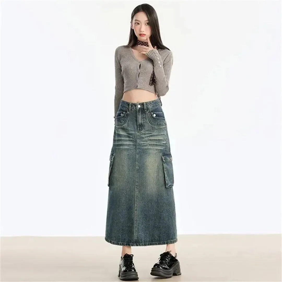 Women's High-Waisted Slimming Denim Skirt with Side Slit and Multiple Pockets Vintage Fashion Skirt