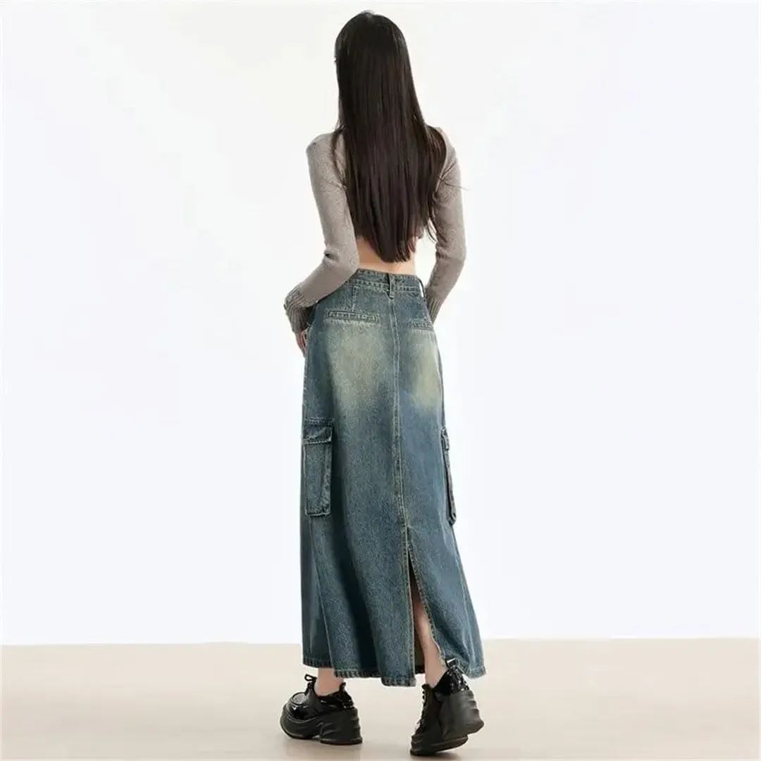 Women's High-Waisted Slimming Denim Skirt with Side Slit and Multiple Pockets Vintage Fashion Skirt