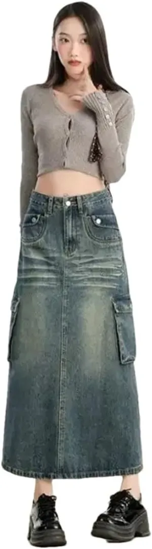Women's High-Waisted Slimming Denim Skirt with Side Slit and Multiple Pockets Vintage Fashion Skirt