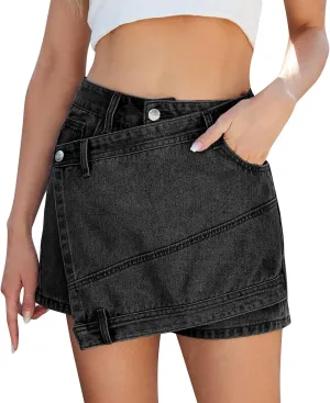 Womens Jeans Mini Skirts Y2k Fashion Pachwork Button Solid Color Denim Skirt Irregular Pencil Bodycon Short Skorts