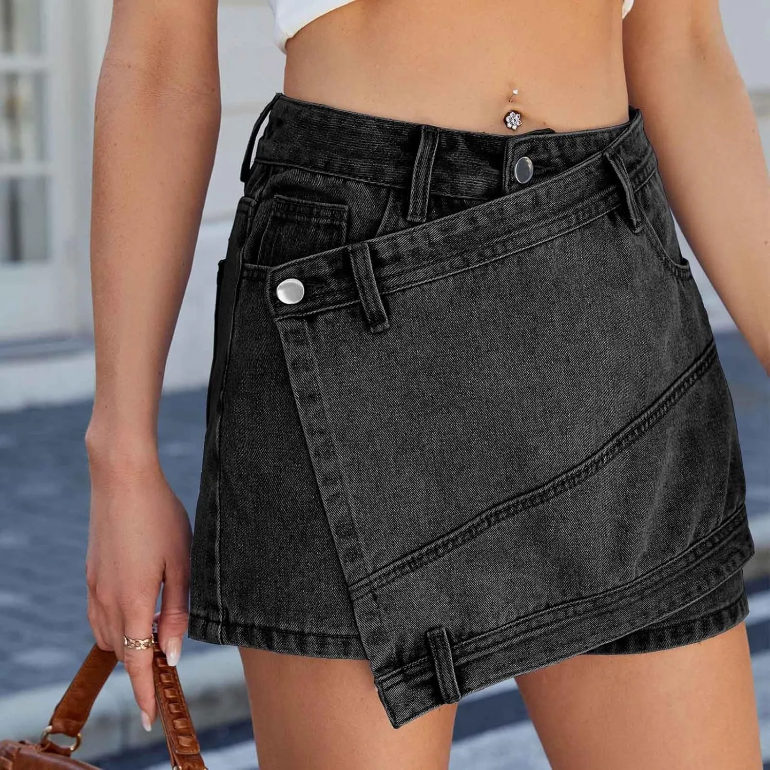 Womens Jeans Mini Skirts Y2k Fashion Pachwork Button Solid Color Denim Skirt Irregular Pencil Bodycon Short Skorts