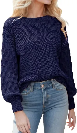 Womens Knit Sweater Fisherman Creweneck Sweater Drop Shoulder Crewneck Sweater Crewneck Loose Chunky Knit Tops