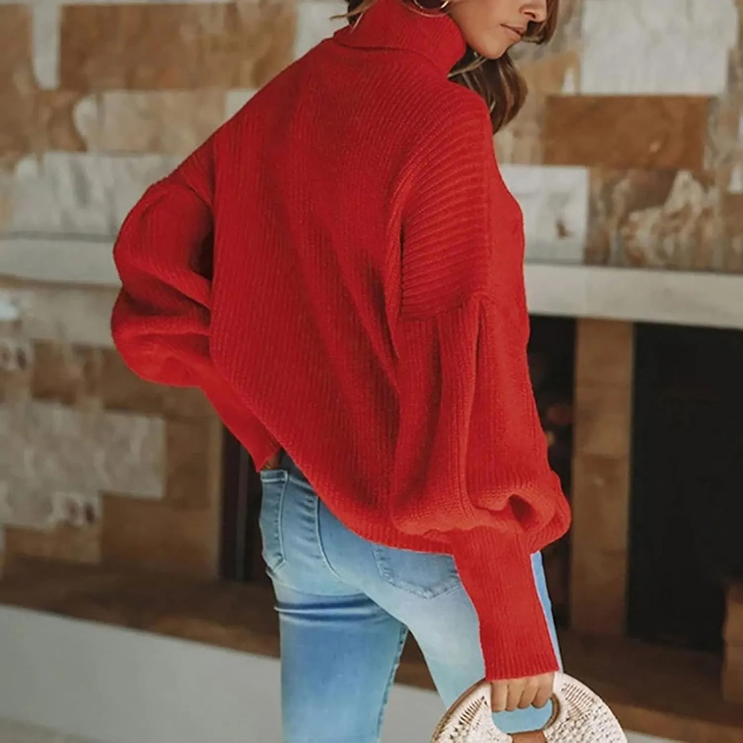 Womens Knit Sweater Solid Casual Chunky Knit Sweater Baggy Soft Warm Puff Long Sleeves Sweater Casual Loose