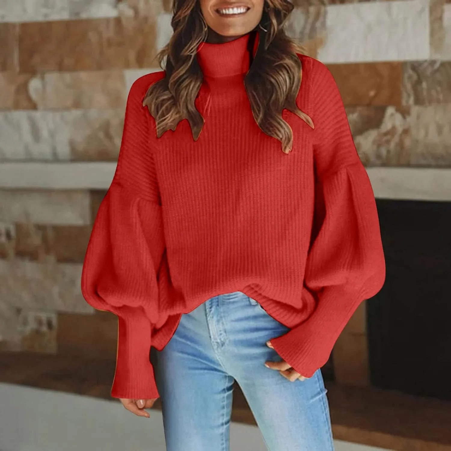 Womens Knit Sweater Solid Casual Chunky Knit Sweater Baggy Soft Warm Puff Long Sleeves Sweater Casual Loose
