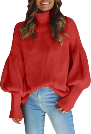 Womens Knit Sweater Solid Casual Chunky Knit Sweater Baggy Soft Warm Puff Long Sleeves Sweater Casual Loose