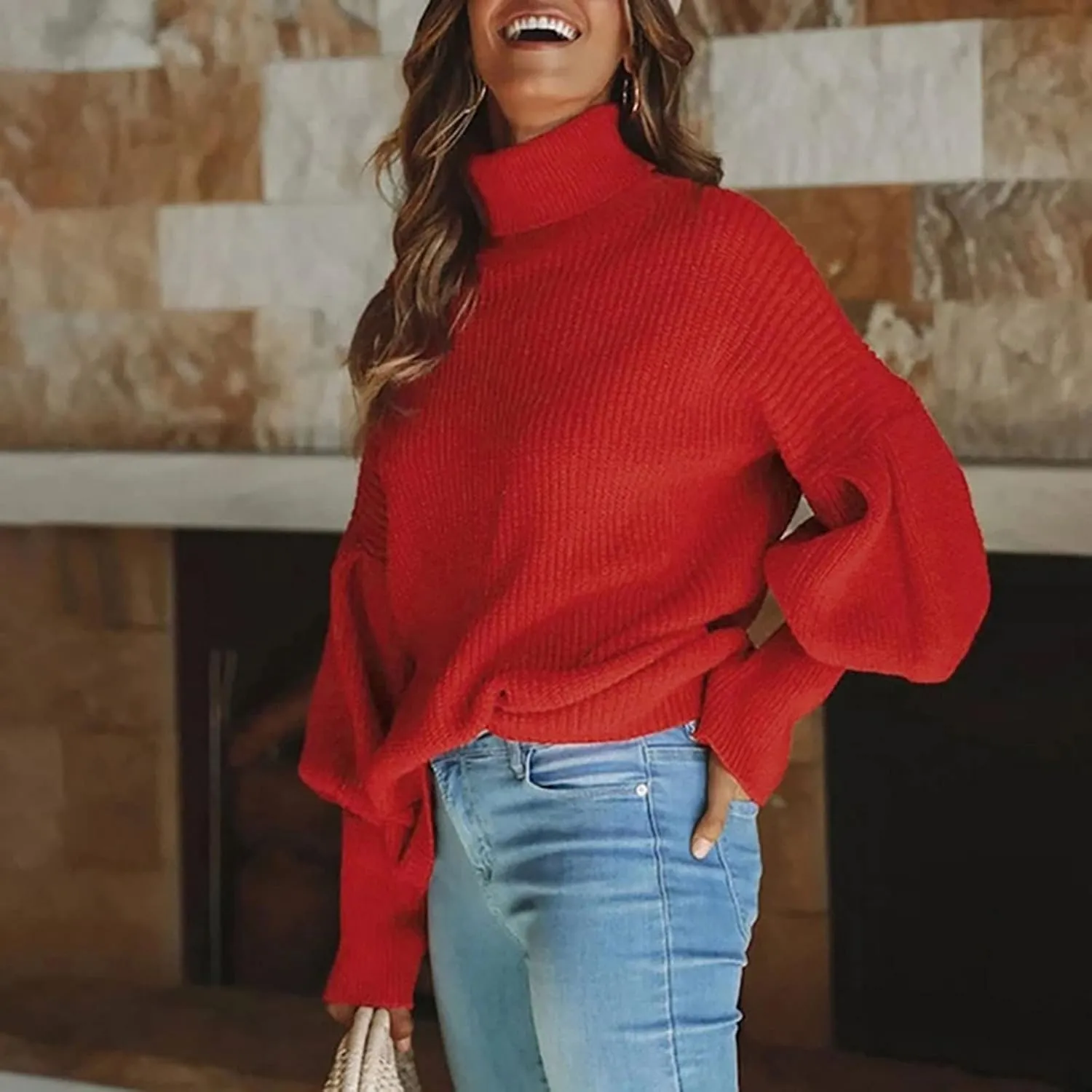 Womens Knit Sweater Solid Casual Chunky Knit Sweater Baggy Soft Warm Puff Long Sleeves Sweater Casual Loose