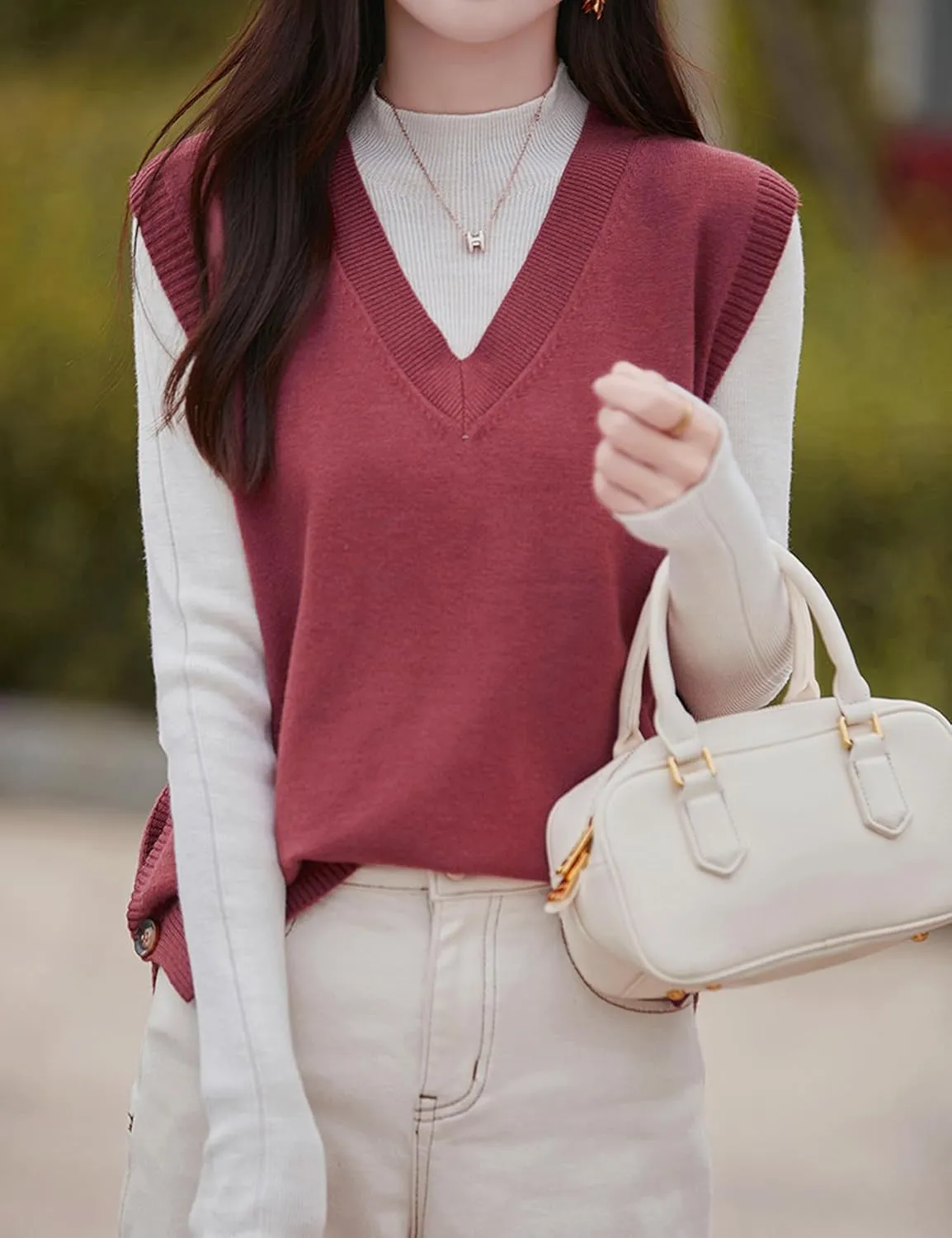 Womens Knit Sweater Vest Side Button Down Pullover Sleeveless V Neck Knit Sweater Vest