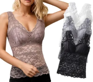 Womens Lace Built-in Bra Padded Camisole Undershirt Wide Straps Tank Tops