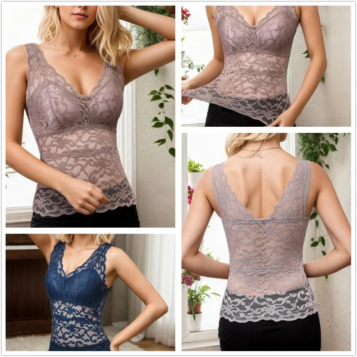 Womens Lace Built-in Bra Padded Camisole Undershirt Wide Straps Tank Tops