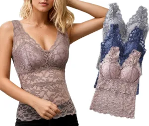 Womens Lace Built-in Bra Padded Camisole Undershirt Wide Straps Tank Tops