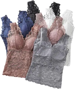 Womens Lace Built-in Bra Padded Camisole Undershirt Wide Straps Tank Tops