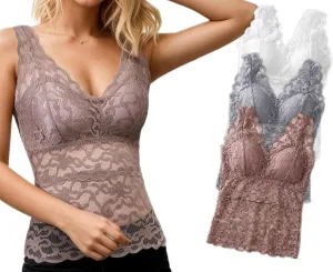 Womens Lace Built-in Bra Padded Camisole Undershirt Wide Straps Tank Tops