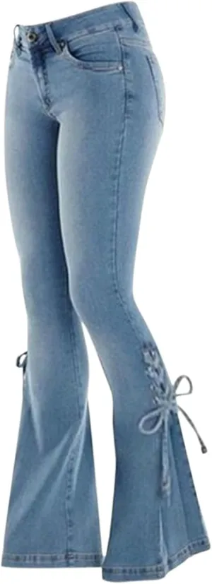 Women's Lace-up Bell Bottom Denim Pants Mid Waist Stretchy Flare Juniors Jeans Trouser Leggings Streetwear