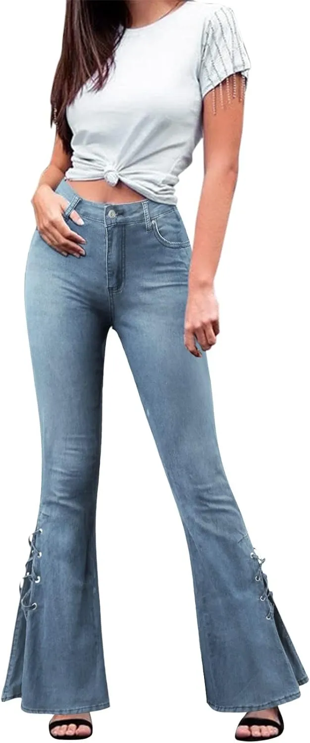 Women's Lace-up Bell Bottom Denim Pants Mid Waist Stretchy Flare Juniors Jeans Trouser Leggings Streetwear