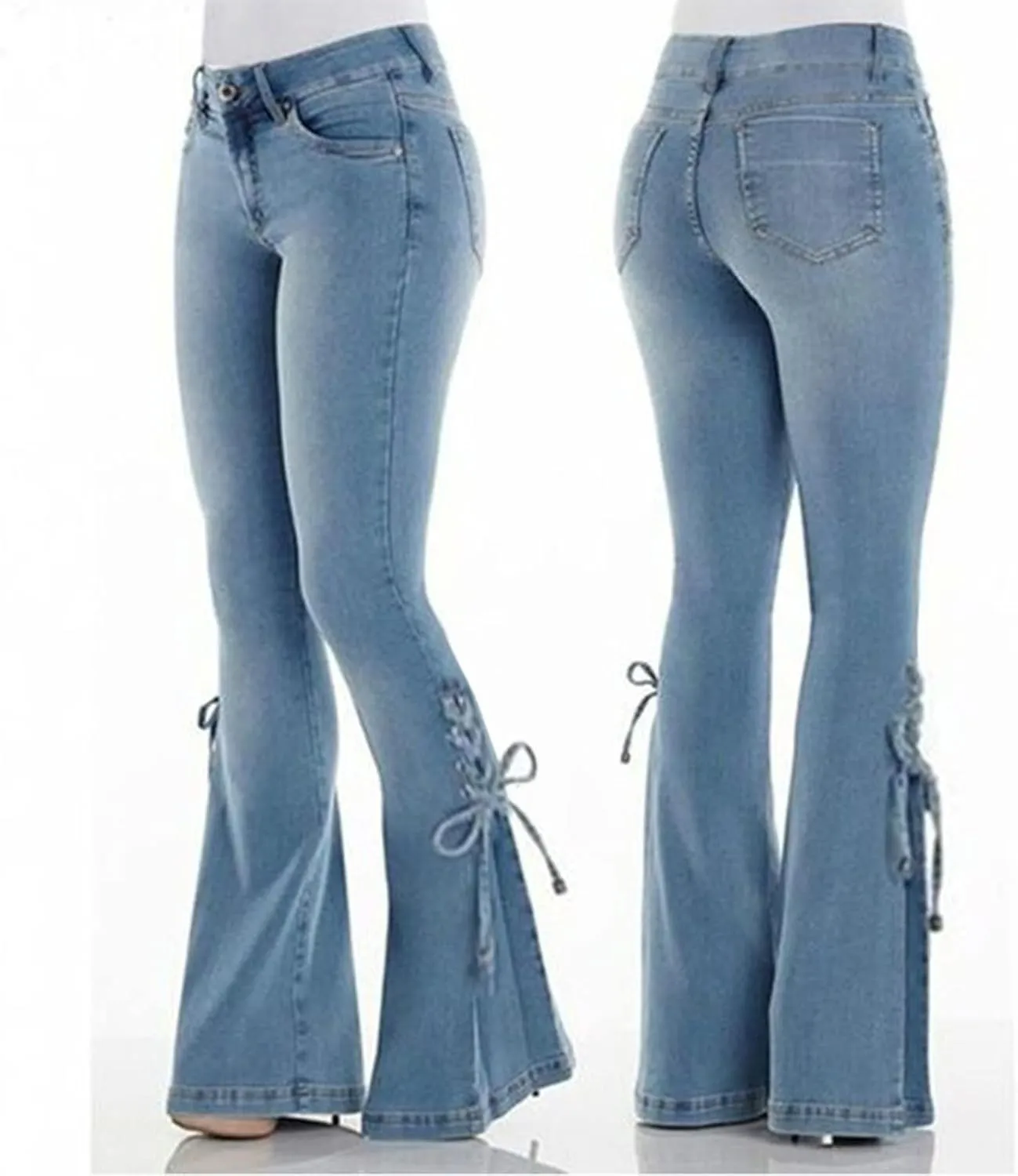 Women's Lace-up Bell Bottom Denim Pants Mid Waist Stretchy Flare Juniors Jeans Trouser Leggings Streetwear