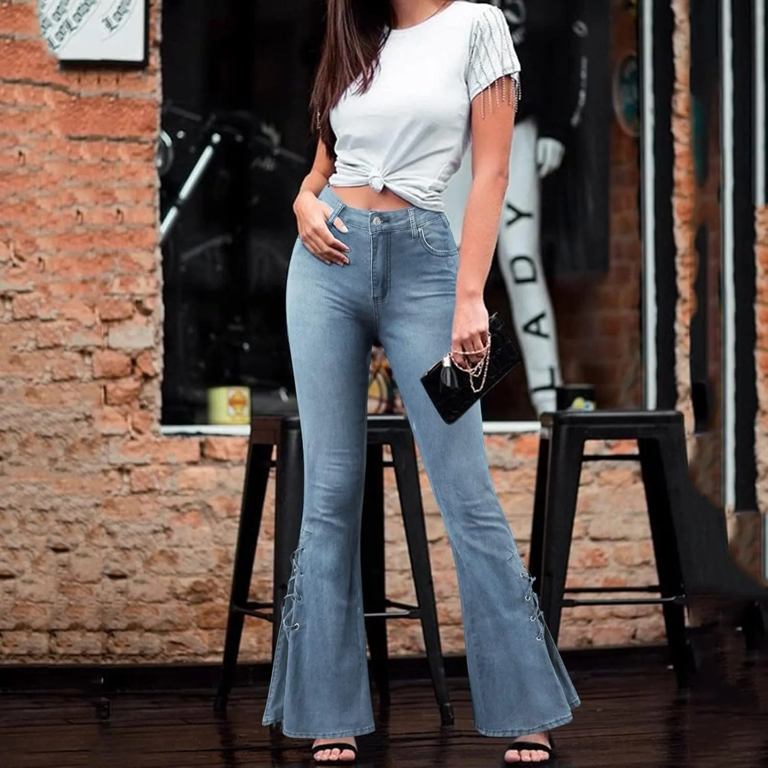 Women's Lace-up Bell Bottom Denim Pants Mid Waist Stretchy Flare Juniors Jeans Trouser Leggings Streetwear